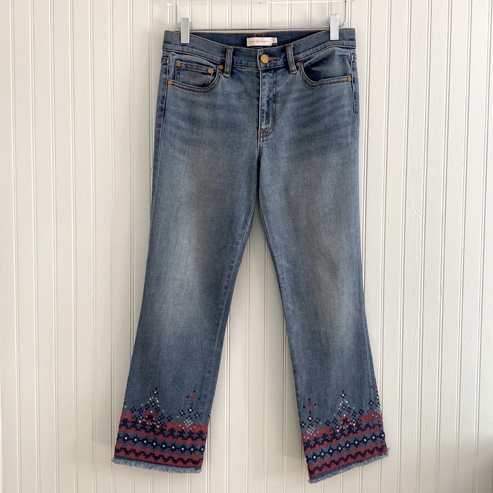 Tory Burch Blue Myers Limited Edition Embroidered Cropped Jeans